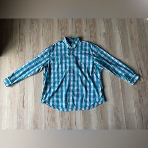 Chaps Men’s 2XB XXL Teal Blue Plaid Button Down Shirt Stretch Easy Care Classic